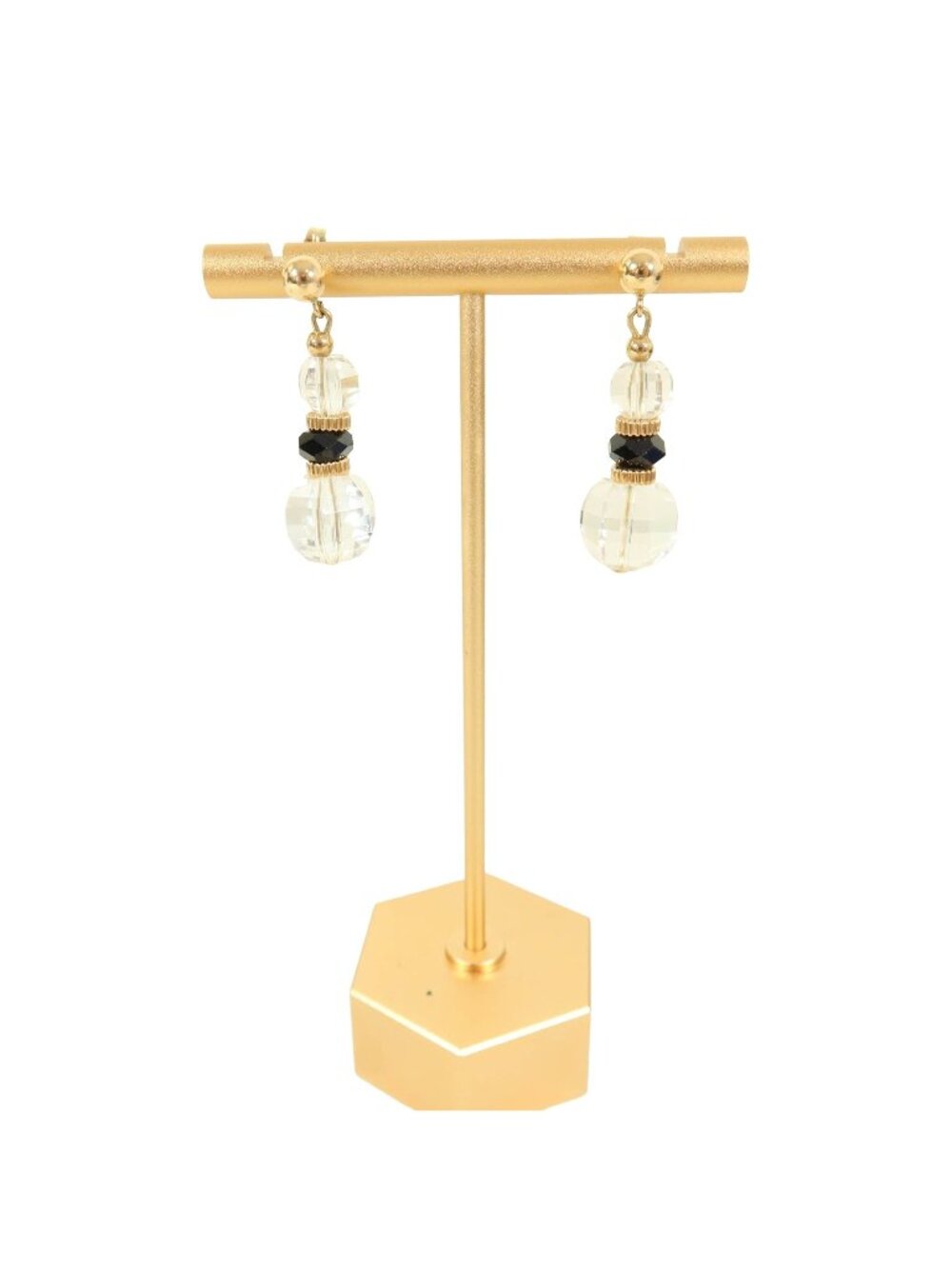 Clear Faceted Crystal Bead Black & Gold Tone 1.25" Drop Post Earrings Unsigned